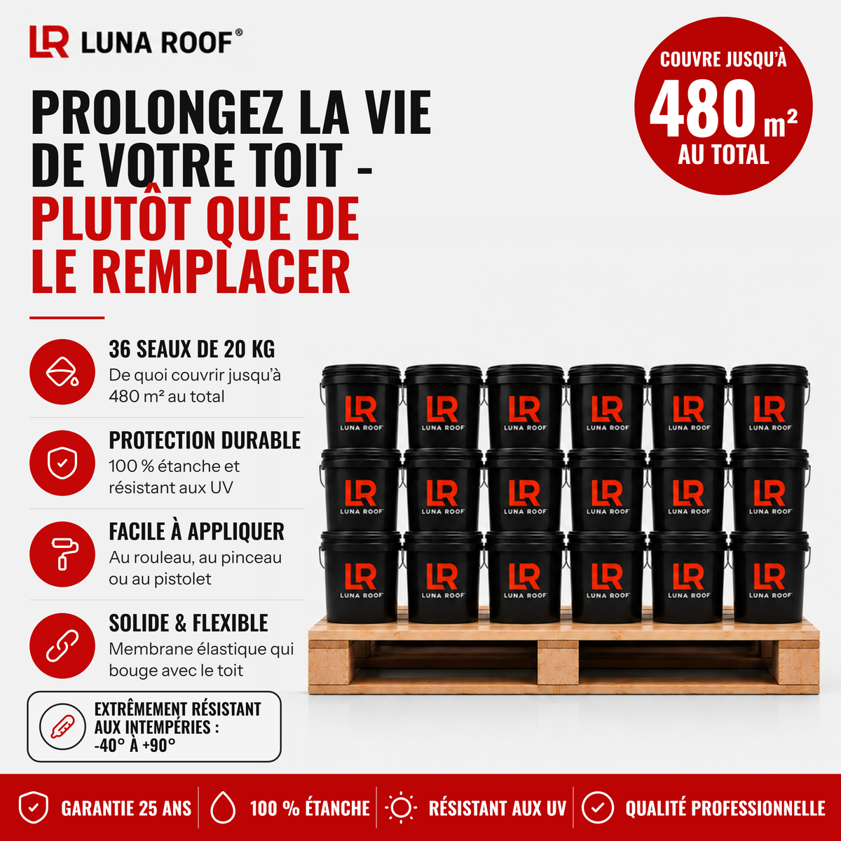 Palette Luna Roof : 36 seaux de 20 kg de membrane de toiture, couvre jusqu’à 480 m² au total